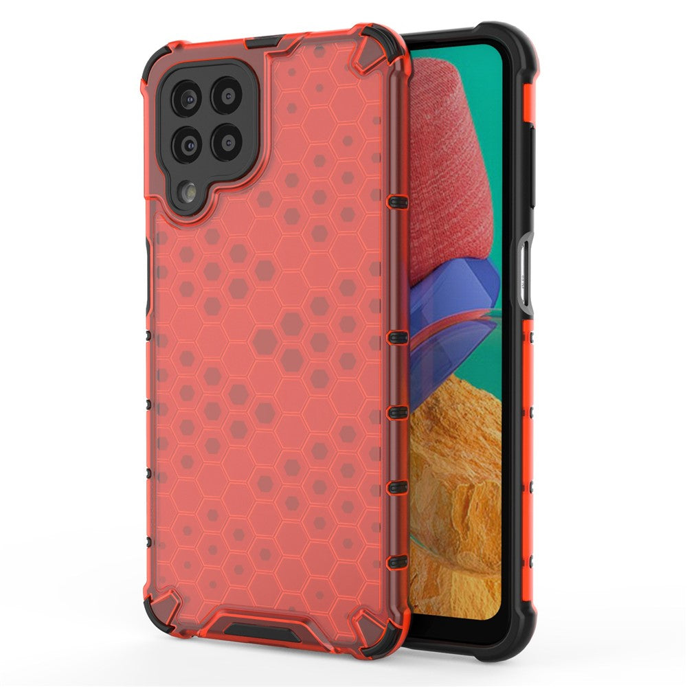 For Samsung Galaxy M33 5G (Global Version) Honeycomb Textured Soft TPU + Hard PC Phone Anti-drop Case Hybrid Protective Cover - Red