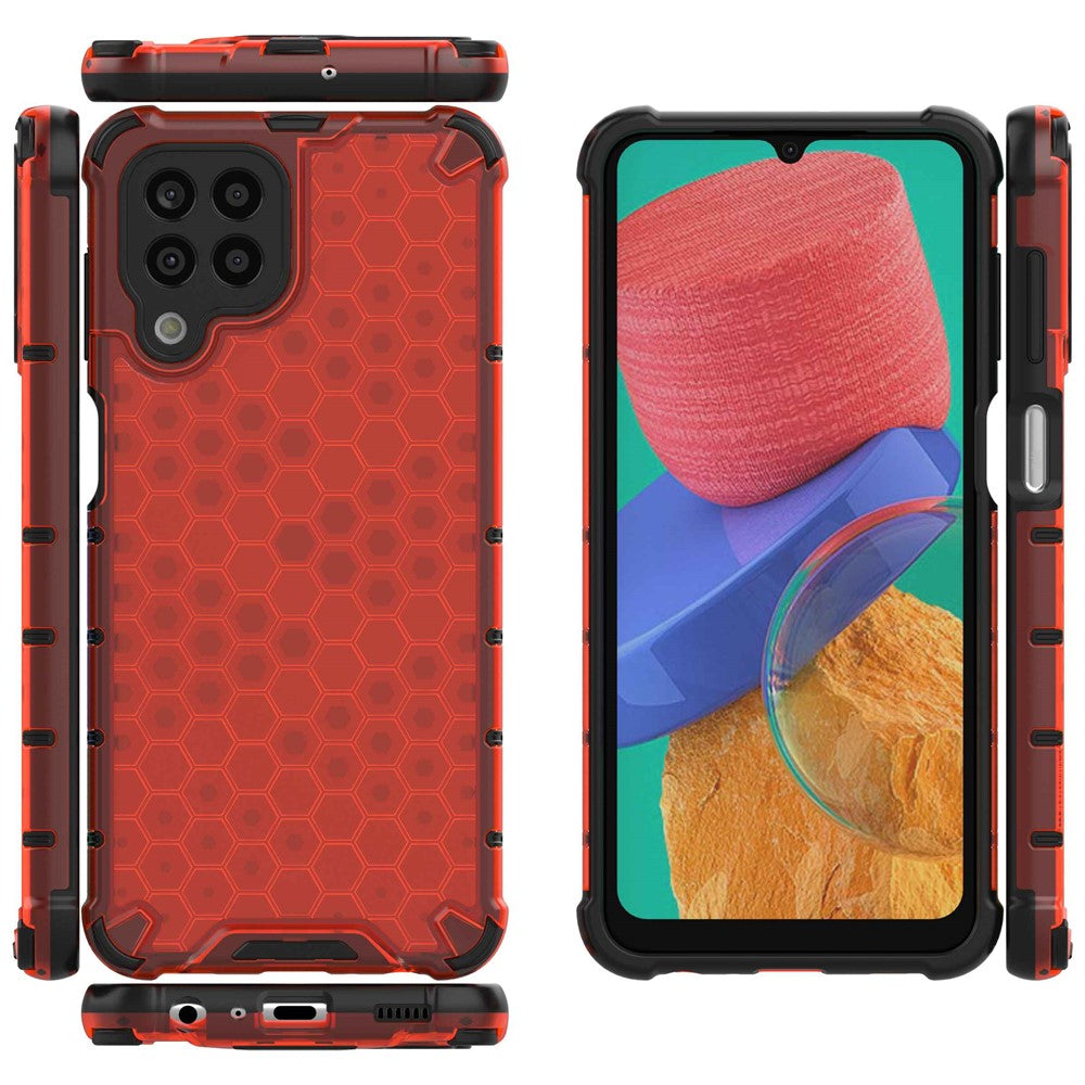 For Samsung Galaxy M33 5G (Global Version) Honeycomb Textured Soft TPU + Hard PC Phone Anti-drop Case Hybrid Protective Cover - Red