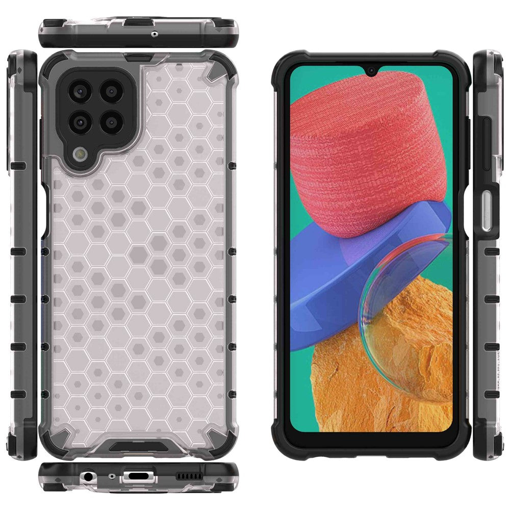 For Samsung Galaxy M33 5G (Global Version) Honeycomb Textured Soft TPU + Hard PC Phone Anti-drop Case Hybrid Protective Cover - Grey