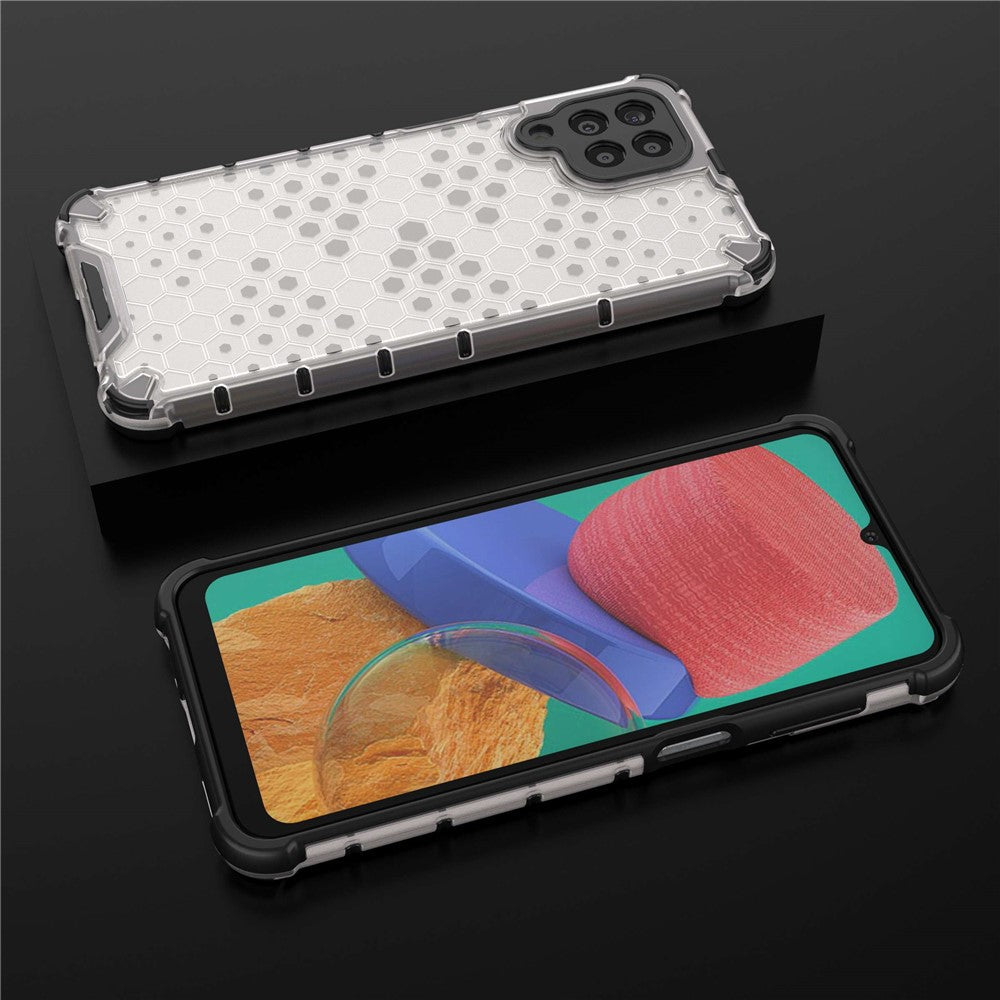 For Samsung Galaxy M33 5G (Global Version) Honeycomb Textured Soft TPU + Hard PC Phone Anti-drop Case Hybrid Protective Cover - Grey