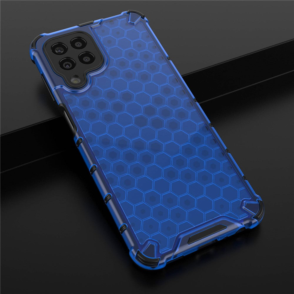 For Samsung Galaxy M33 5G (Global Version) Honeycomb Textured Soft TPU + Hard PC Phone Anti-drop Case Hybrid Protective Cover - Blue