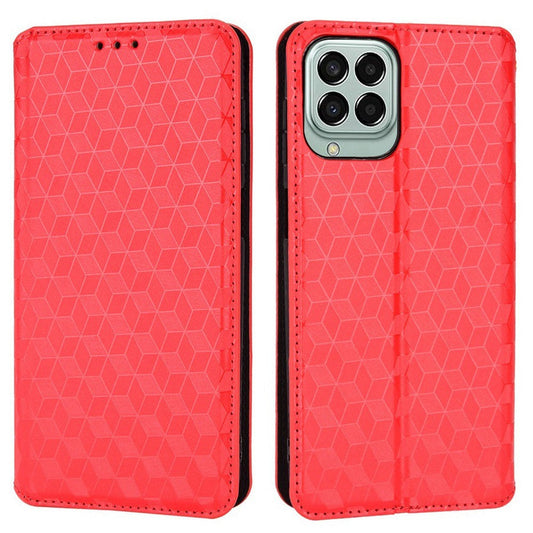For Samsung Galaxy M53 5G Imprinted Rhombus Pattern Phone Case PU Leather Stand Magnetic Auto Closure Wallet Phone Shell - Red