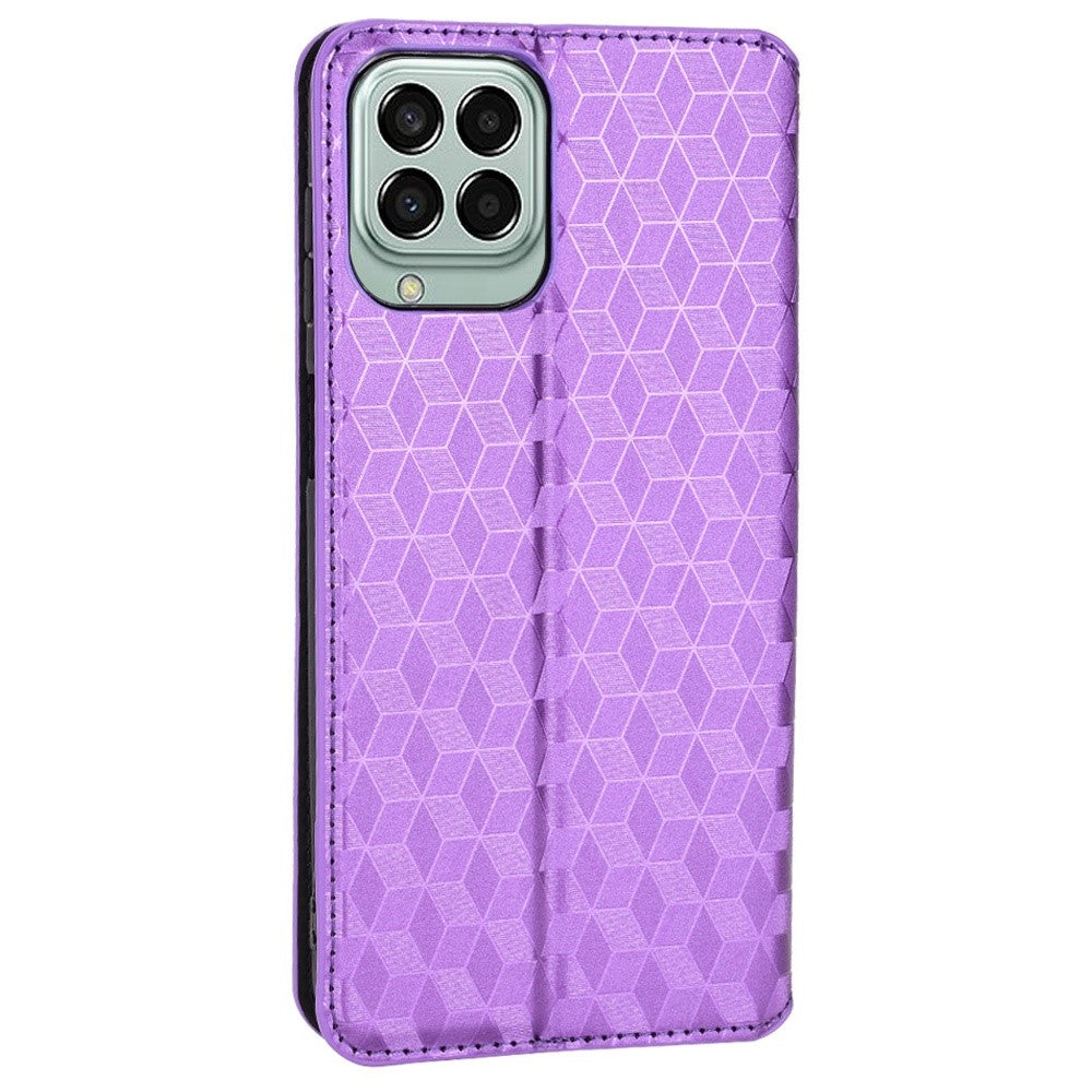 For Samsung Galaxy M53 5G Imprinted Rhombus Pattern Phone Case PU Leather Stand Magnetic Auto Closure Wallet Phone Shell - Purple