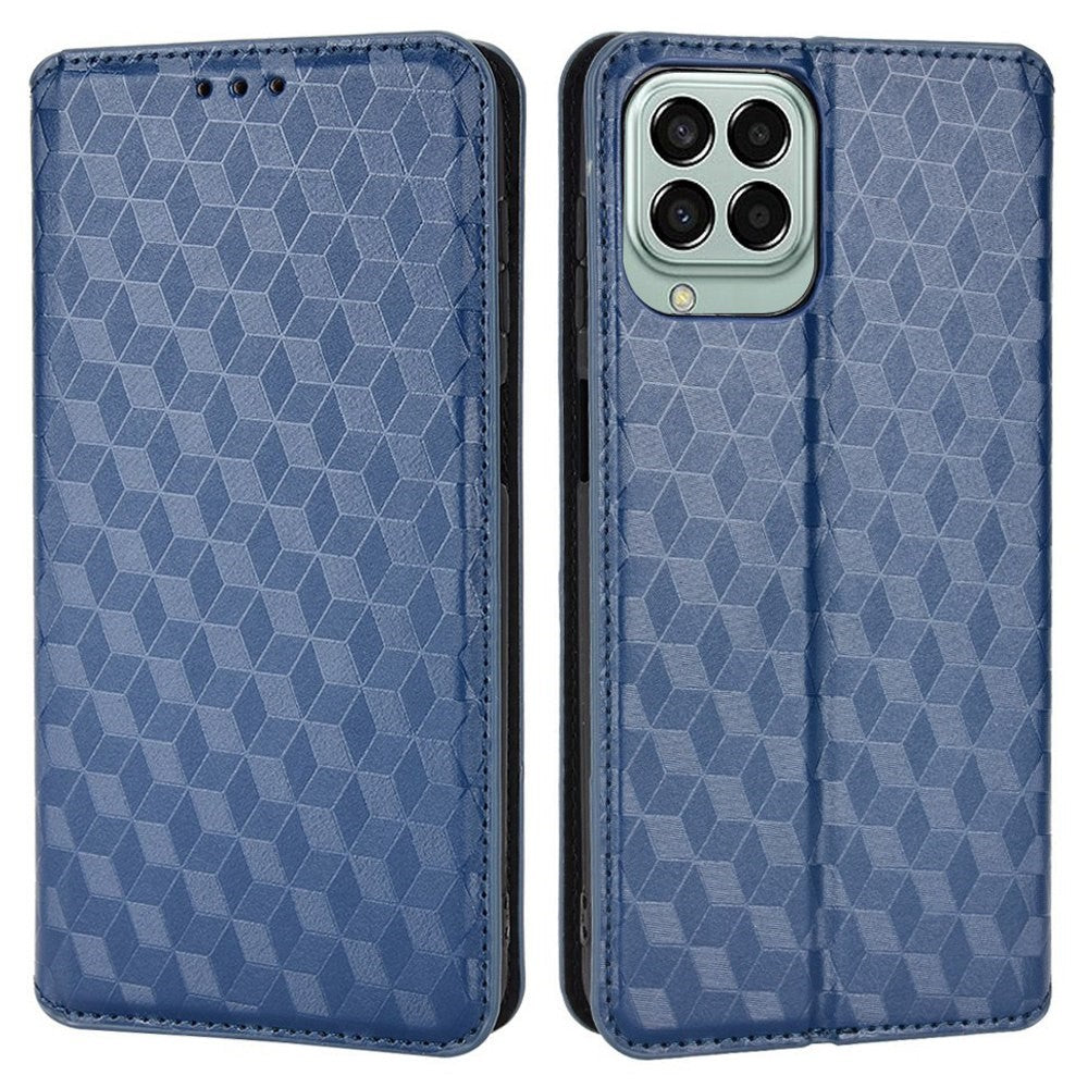 For Samsung Galaxy M53 5G Imprinted Rhombus Pattern Phone Case PU Leather Stand Magnetic Auto Closure Wallet Phone Shell - Blue