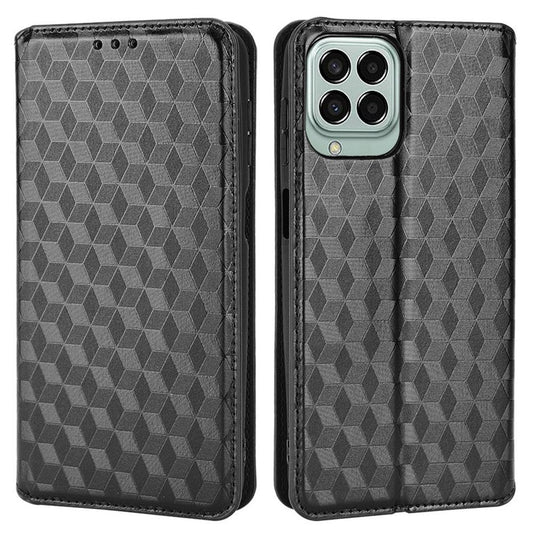 For Samsung Galaxy M53 5G Imprinted Rhombus Pattern Phone Case PU Leather Stand Magnetic Auto Closure Wallet Phone Shell - Black