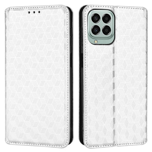For Samsung Galaxy M53 5G Imprinted Rhombus Pattern Phone Case PU Leather Stand Magnetic Auto Closure Wallet Phone Shell - Silver