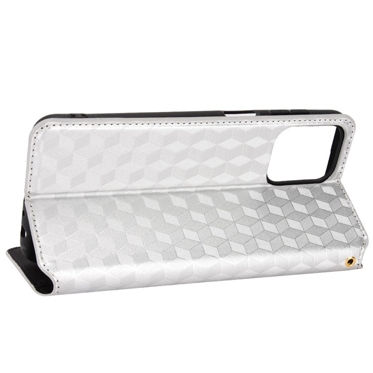 For Samsung Galaxy M53 5G Imprinted Rhombus Pattern Phone Case PU Leather Stand Magnetic Auto Closure Wallet Phone Shell - Silver