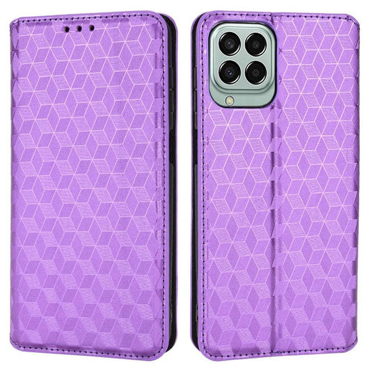 Anti-scratch Imprinted Rhombus Pattern Case for Samsung Galaxy M33 5G (Global Version), PU Leather Stand Magnetic Auto Closure Wallet Phone Cover - Purple