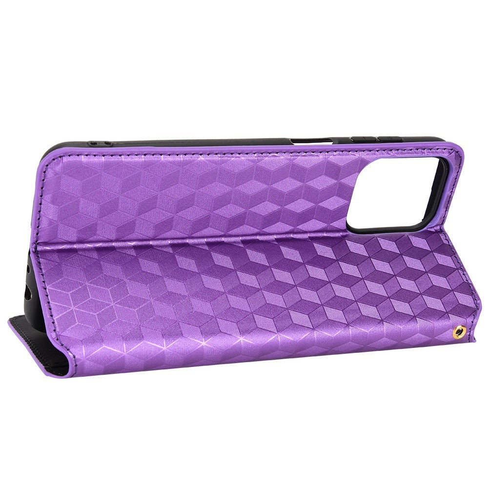 Anti-scratch Imprinted Rhombus Pattern Case for Samsung Galaxy M33 5G (Global Version), PU Leather Stand Magnetic Auto Closure Wallet Phone Cover - Purple
