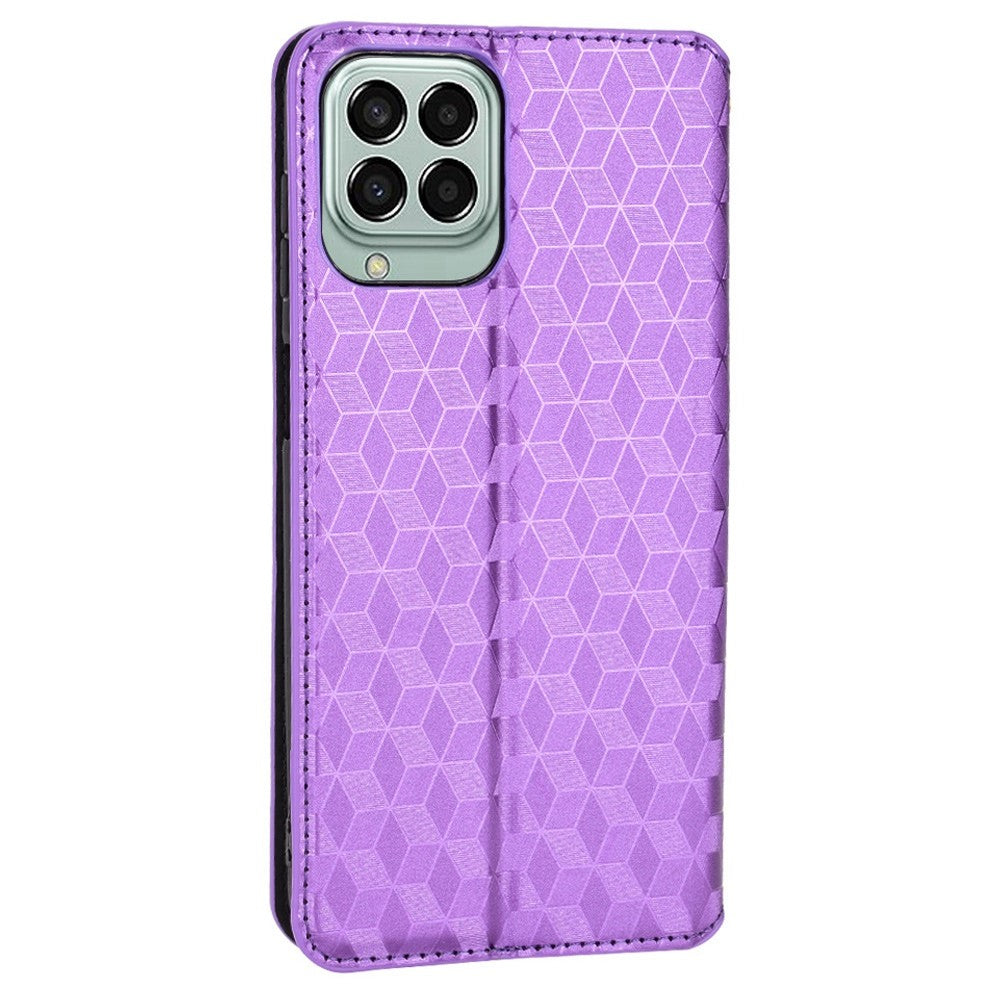 Anti-scratch Imprinted Rhombus Pattern Case for Samsung Galaxy M33 5G (Global Version), PU Leather Stand Magnetic Auto Closure Wallet Phone Cover - Purple