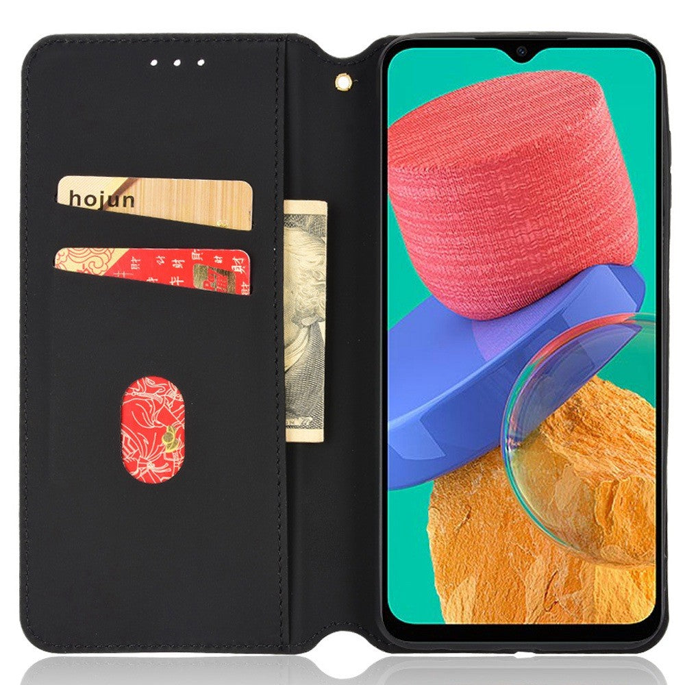 Anti-scratch Imprinted Rhombus Pattern Case for Samsung Galaxy M33 5G (Global Version), PU Leather Stand Magnetic Auto Closure Wallet Phone Cover - Brown