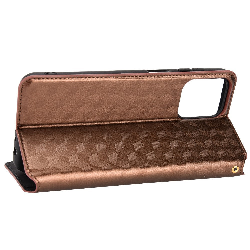 Anti-scratch Imprinted Rhombus Pattern Case for Samsung Galaxy M33 5G (Global Version), PU Leather Stand Magnetic Auto Closure Wallet Phone Cover - Brown