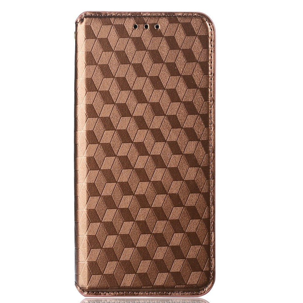 Anti-scratch Imprinted Rhombus Pattern Case for Samsung Galaxy M33 5G (Global Version), PU Leather Stand Magnetic Auto Closure Wallet Phone Cover - Brown