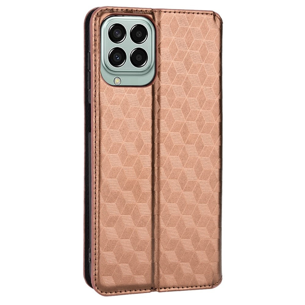 Anti-scratch Imprinted Rhombus Pattern Case for Samsung Galaxy M33 5G (Global Version), PU Leather Stand Magnetic Auto Closure Wallet Phone Cover - Brown