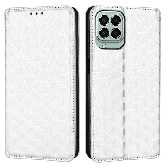 Anti-scratch Imprinted Rhombus Pattern Case for Samsung Galaxy M33 5G (Global Version), PU Leather Stand Magnetic Auto Closure Wallet Phone Cover - Silver