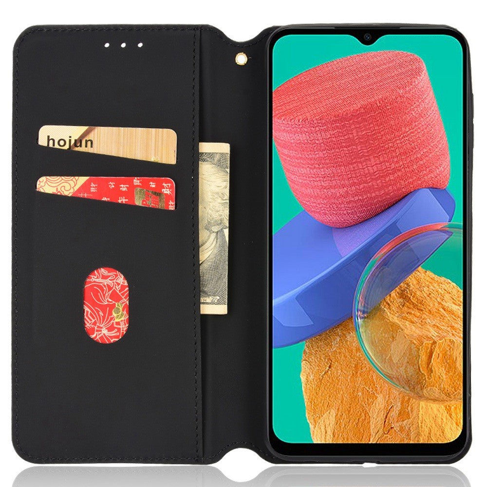 Anti-scratch Imprinted Rhombus Pattern Case for Samsung Galaxy M33 5G (Global Version), PU Leather Stand Magnetic Auto Closure Wallet Phone Cover - Silver
