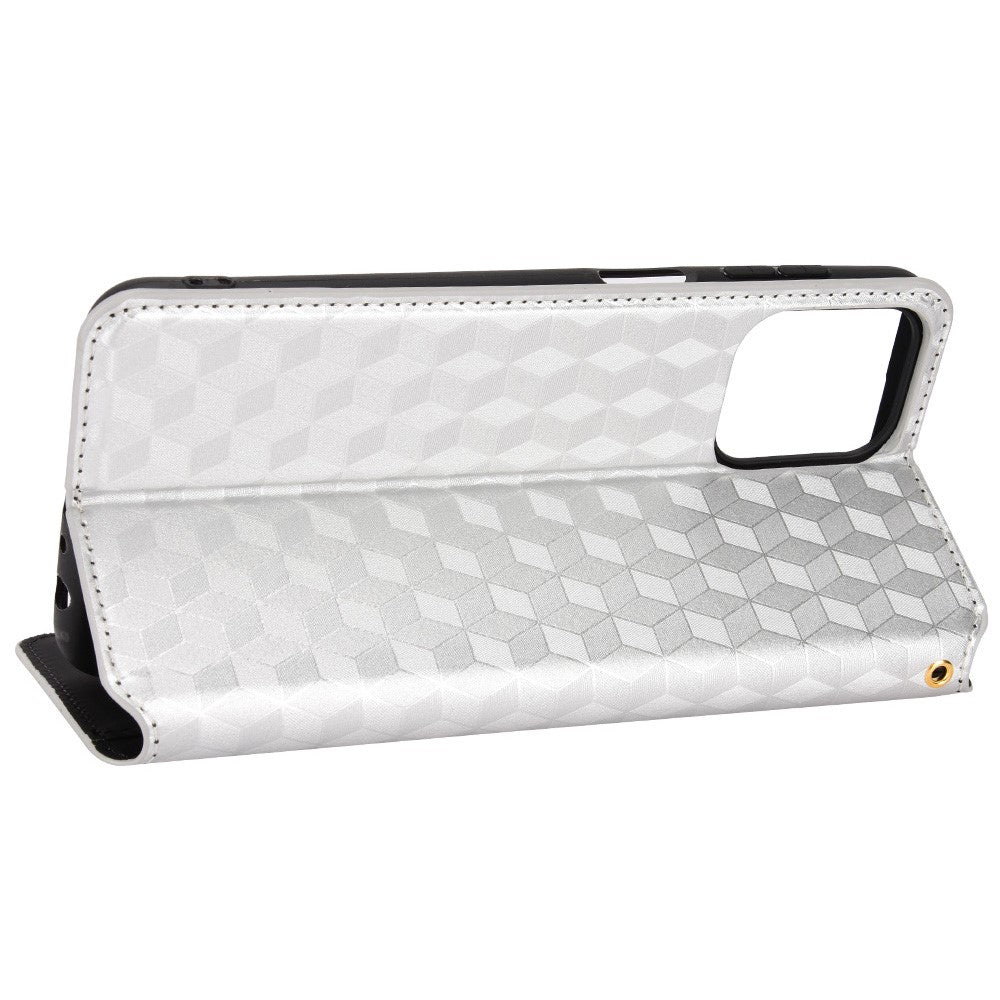 Anti-scratch Imprinted Rhombus Pattern Case for Samsung Galaxy M33 5G (Global Version), PU Leather Stand Magnetic Auto Closure Wallet Phone Cover - Silver