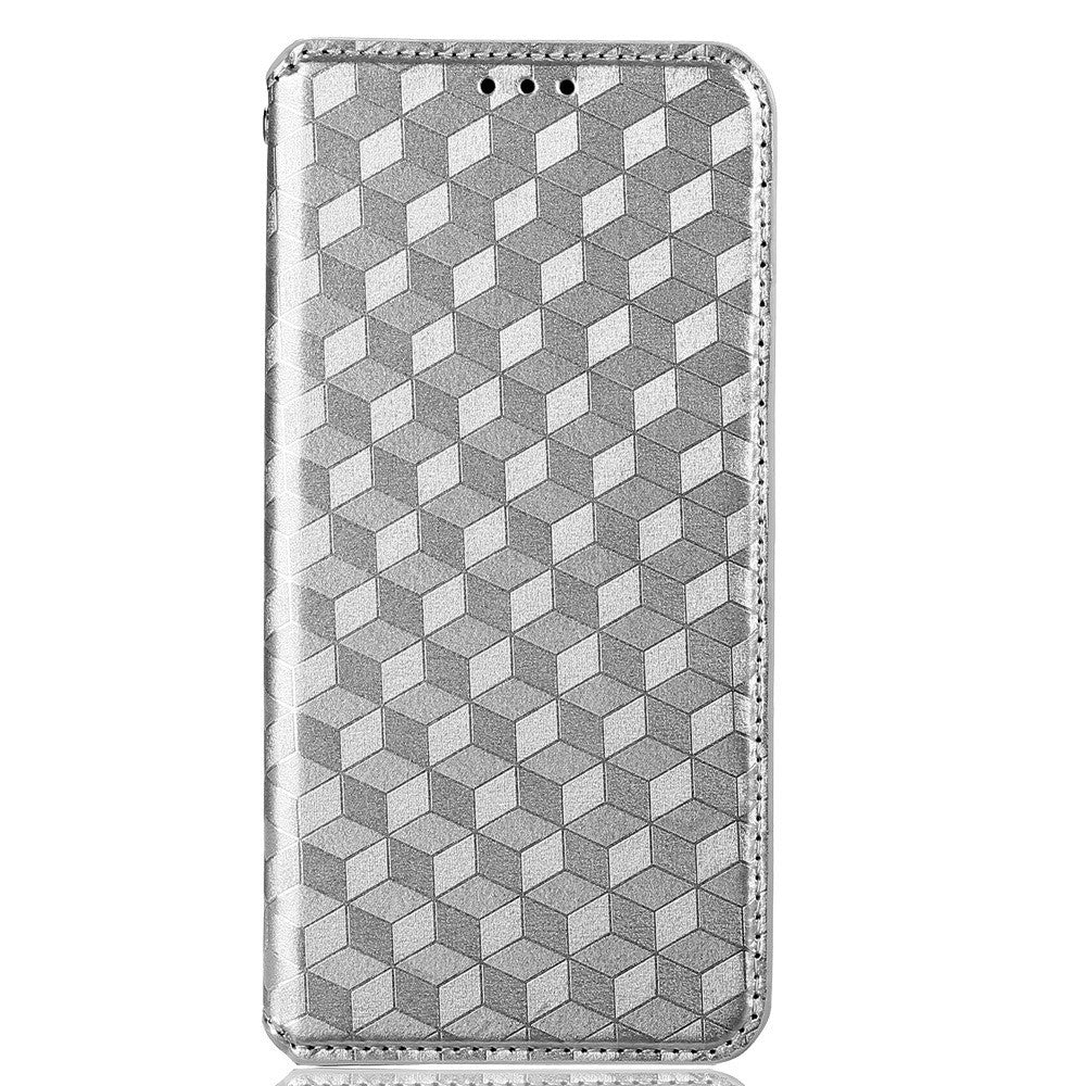 Anti-scratch Imprinted Rhombus Pattern Case for Samsung Galaxy M33 5G (Global Version), PU Leather Stand Magnetic Auto Closure Wallet Phone Cover - Silver