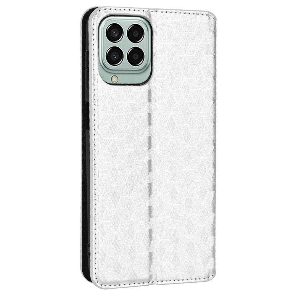 Anti-scratch Imprinted Rhombus Pattern Case for Samsung Galaxy M33 5G (Global Version), PU Leather Stand Magnetic Auto Closure Wallet Phone Cover - Silver