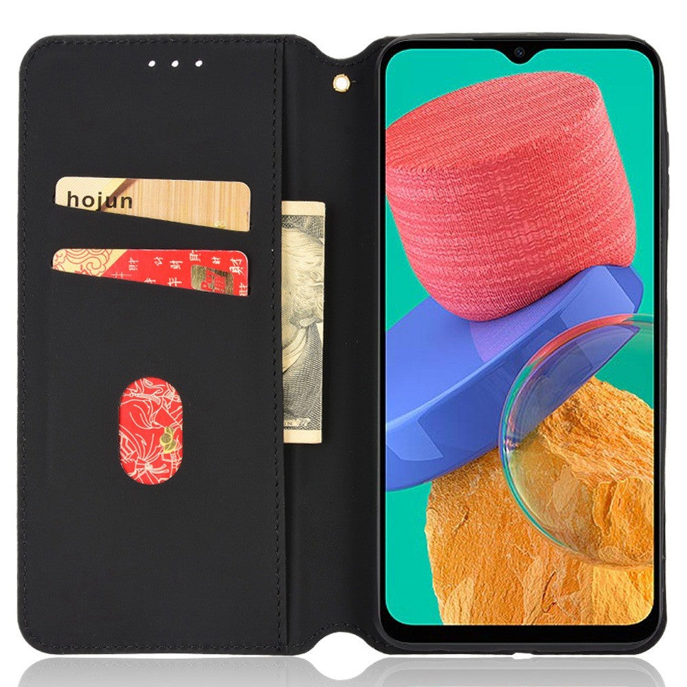 Anti-scratch Imprinted Rhombus Pattern Case for Samsung Galaxy M33 5G (Global Version), PU Leather Stand Magnetic Auto Closure Wallet Phone Cover - Blue