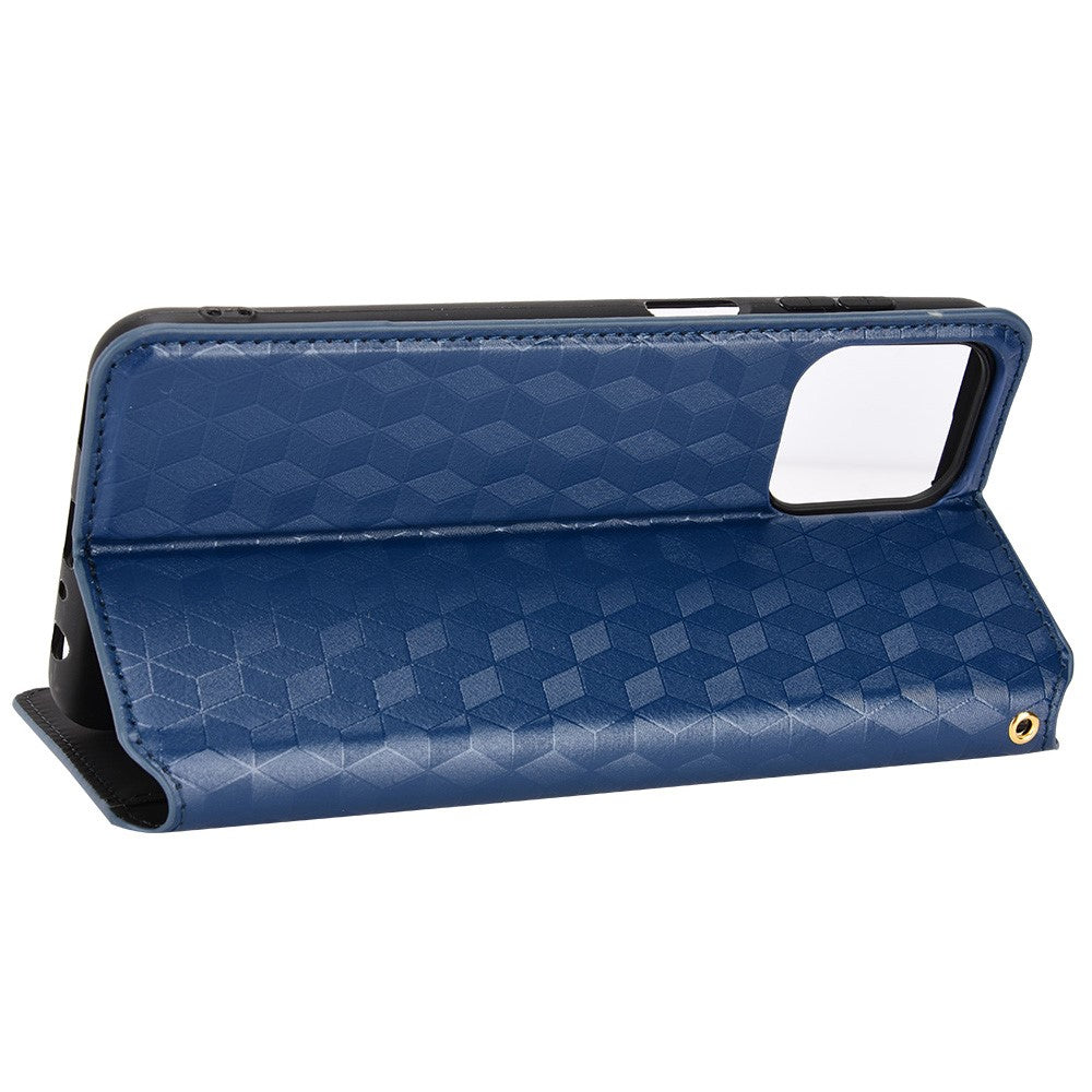 Anti-scratch Imprinted Rhombus Pattern Case for Samsung Galaxy M33 5G (Global Version), PU Leather Stand Magnetic Auto Closure Wallet Phone Cover - Blue