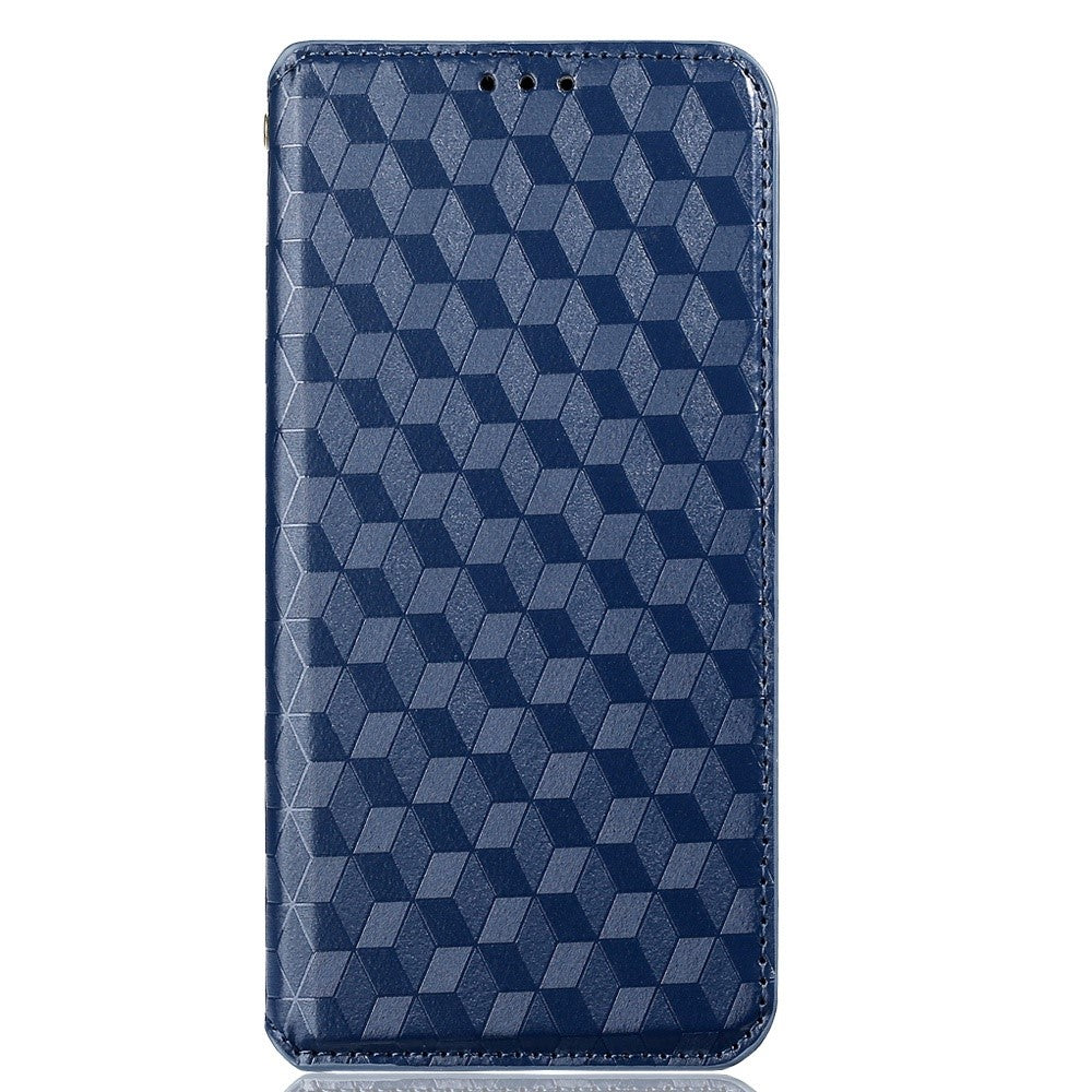 Anti-scratch Imprinted Rhombus Pattern Case for Samsung Galaxy M33 5G (Global Version), PU Leather Stand Magnetic Auto Closure Wallet Phone Cover - Blue