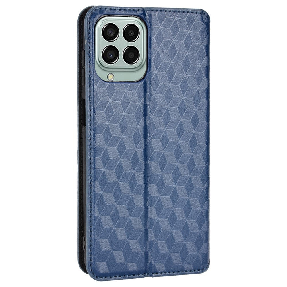 Anti-scratch Imprinted Rhombus Pattern Case for Samsung Galaxy M33 5G (Global Version), PU Leather Stand Magnetic Auto Closure Wallet Phone Cover - Blue