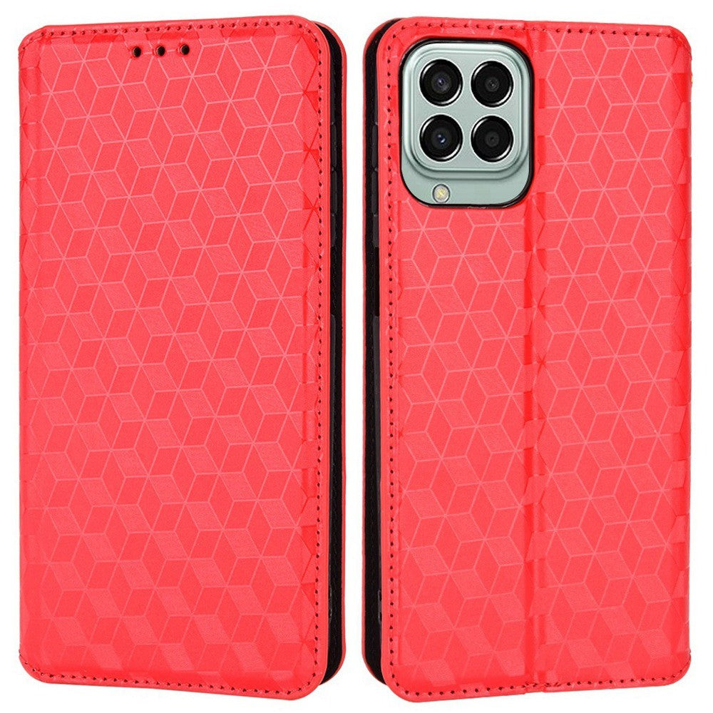 Anti-scratch Imprinted Rhombus Pattern Case for Samsung Galaxy M33 5G (Global Version), PU Leather Stand Magnetic Auto Closure Wallet Phone Cover - Red