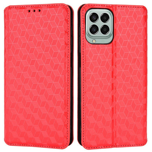 Anti-scratch Imprinted Rhombus Pattern Case for Samsung Galaxy M33 5G (Global Version), PU Leather Stand Magnetic Auto Closure Wallet Phone Cover - Red