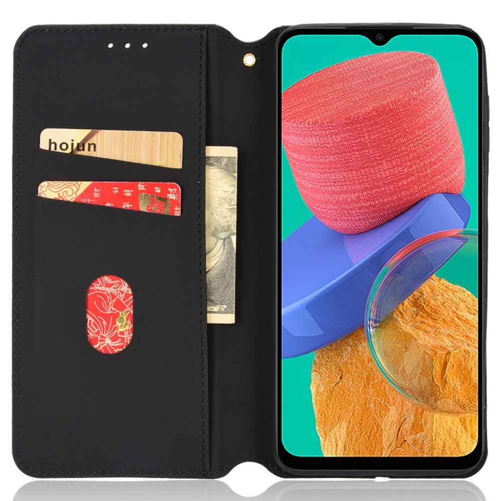 Anti-scratch Imprinted Rhombus Pattern Case for Samsung Galaxy M33 5G (Global Version), PU Leather Stand Magnetic Auto Closure Wallet Phone Cover - Red