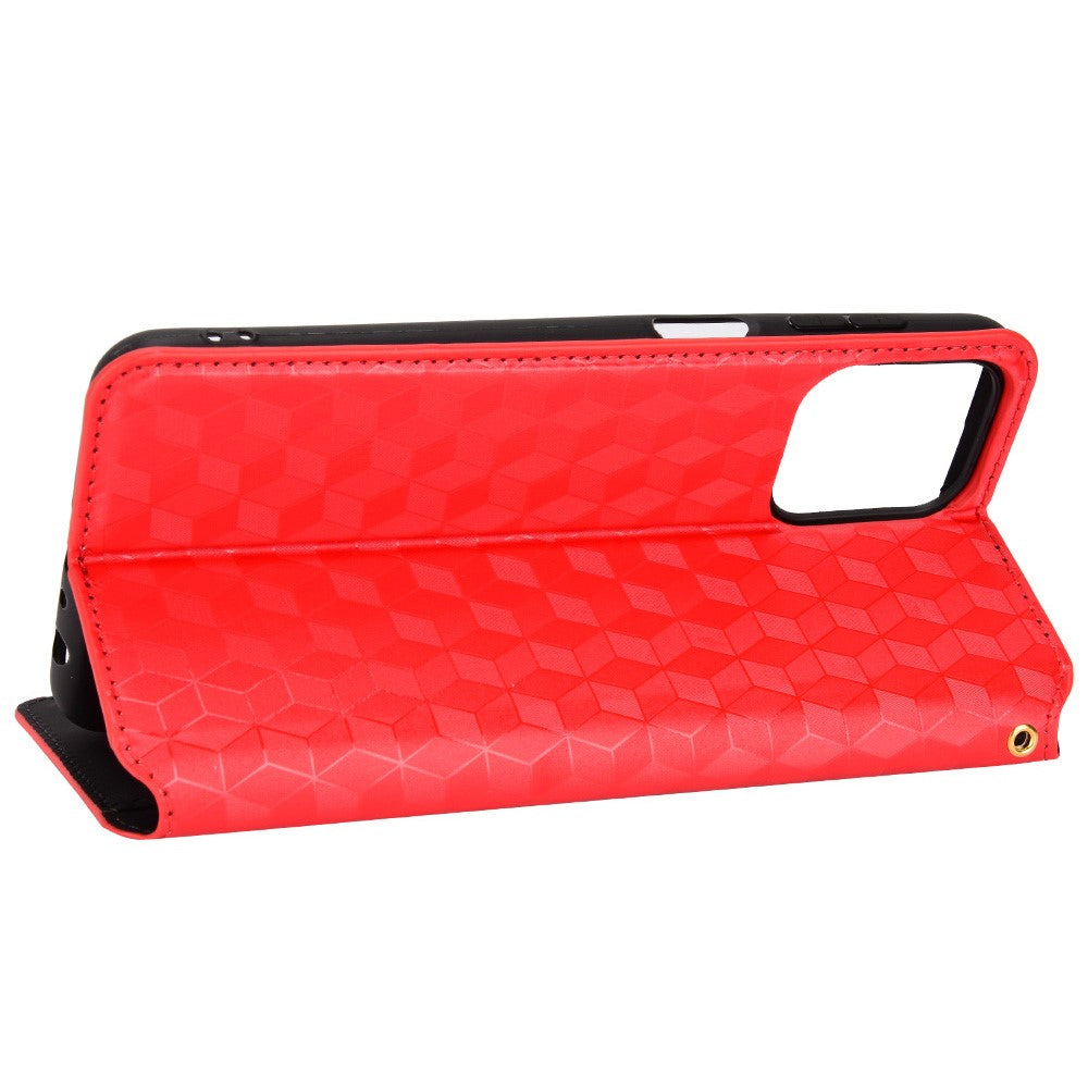 Anti-scratch Imprinted Rhombus Pattern Case for Samsung Galaxy M33 5G (Global Version), PU Leather Stand Magnetic Auto Closure Wallet Phone Cover - Red