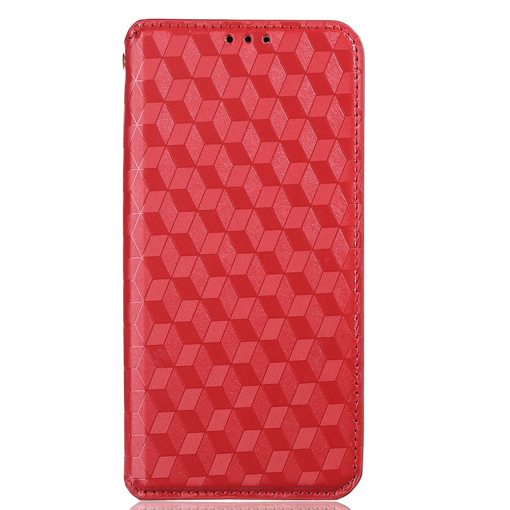 Anti-scratch Imprinted Rhombus Pattern Case for Samsung Galaxy M33 5G (Global Version), PU Leather Stand Magnetic Auto Closure Wallet Phone Cover - Red