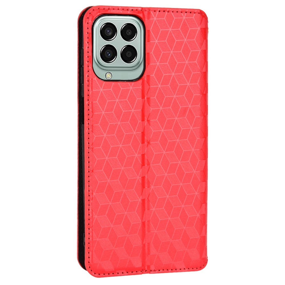 Anti-scratch Imprinted Rhombus Pattern Case for Samsung Galaxy M33 5G (Global Version), PU Leather Stand Magnetic Auto Closure Wallet Phone Cover - Red