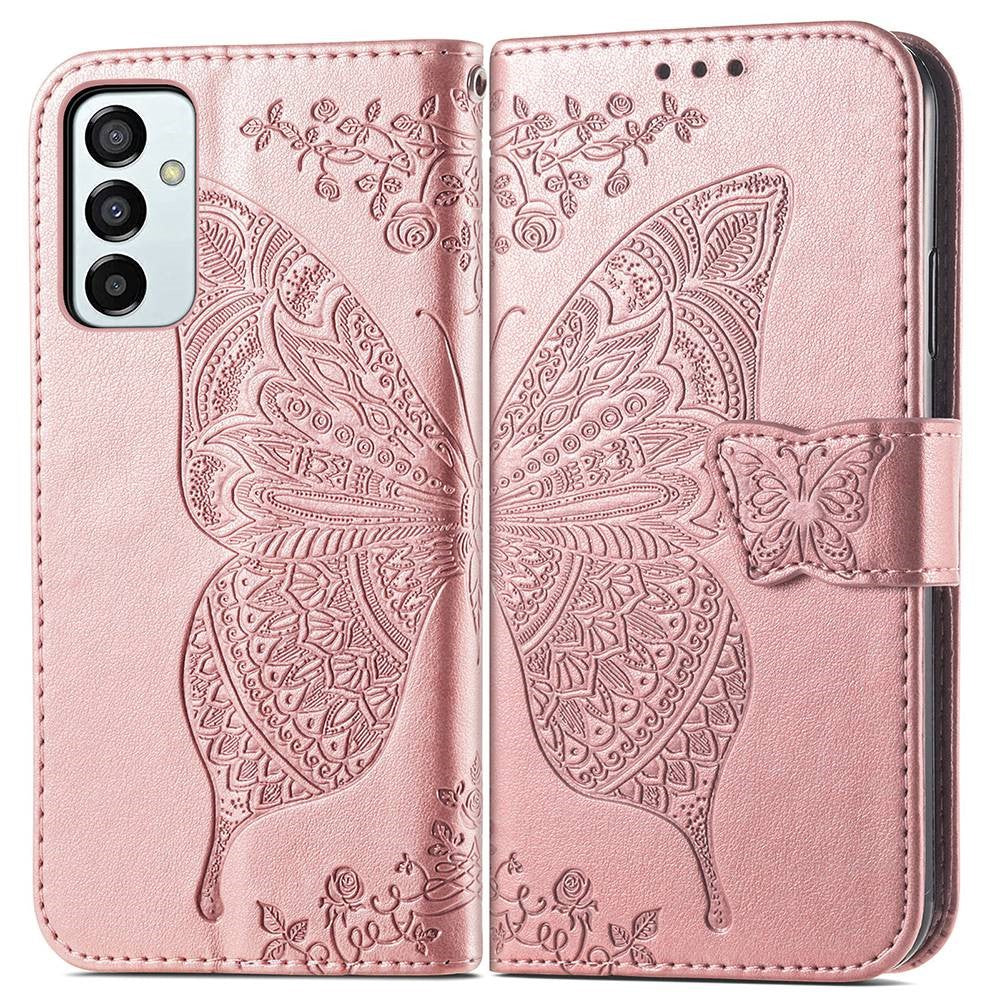 Big Butterfly Imprinting Leather Phone Shell for Samsung Galaxy M23 5G/F23 5G, Anti-Drop PU Leather Case with Stand Wallet Design - Rose Gold