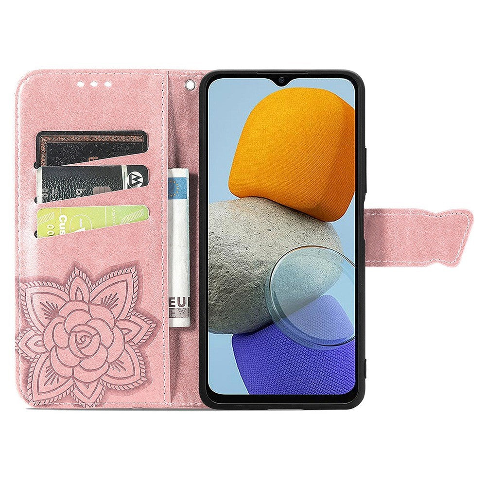 Big Butterfly Imprinting Leather Phone Shell for Samsung Galaxy M23 5G/F23 5G, Anti-Drop PU Leather Case with Stand Wallet Design - Rose Gold