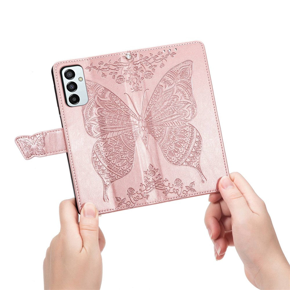 Big Butterfly Imprinting Leather Phone Shell for Samsung Galaxy M23 5G/F23 5G, Anti-Drop PU Leather Case with Stand Wallet Design - Rose Gold