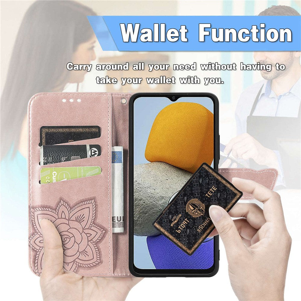 Big Butterfly Imprinting Leather Phone Shell for Samsung Galaxy M23 5G/F23 5G, Anti-Drop PU Leather Case with Stand Wallet Design - Rose Gold