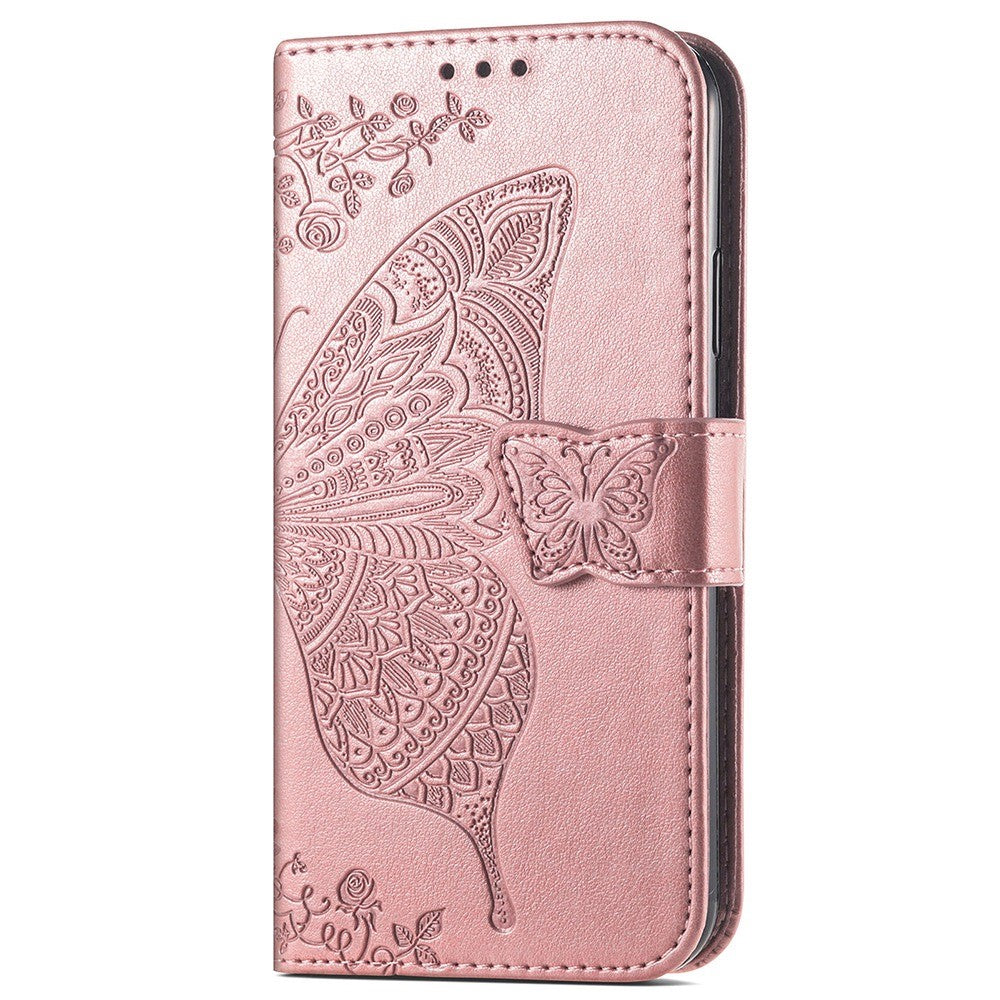 Big Butterfly Imprinting Leather Phone Shell for Samsung Galaxy M23 5G/F23 5G, Anti-Drop PU Leather Case with Stand Wallet Design - Rose Gold