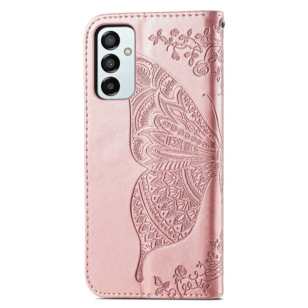 Big Butterfly Imprinting Leather Phone Shell for Samsung Galaxy M23 5G/F23 5G, Anti-Drop PU Leather Case with Stand Wallet Design - Rose Gold
