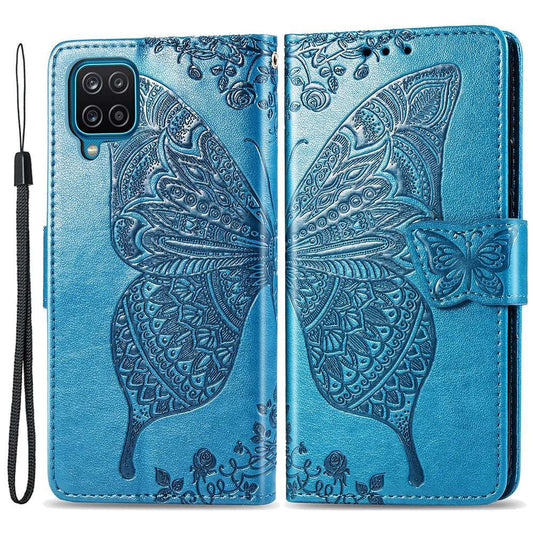 Big Butterfly Imprinting Leather Phone Shell for Samsung Galaxy M33 5G (Global Version), Full Coverage PU Leather Case with Stand Wallet + Handy Strap - Blue