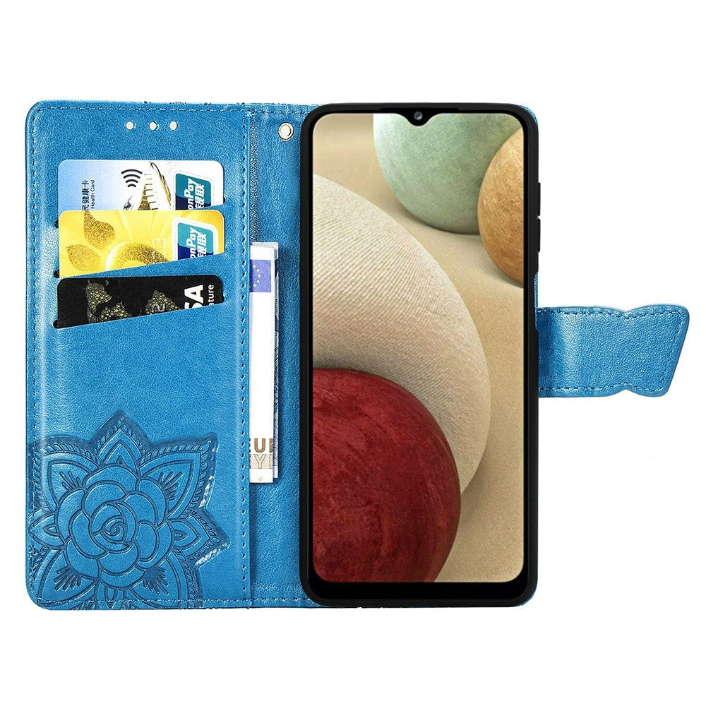 Big Butterfly Imprinting Leather Phone Shell for Samsung Galaxy M33 5G (Global Version), Full Coverage PU Leather Case with Stand Wallet + Handy Strap - Blue