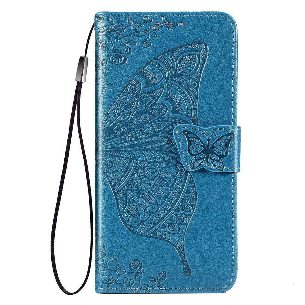 Big Butterfly Imprinting Leather Phone Shell for Samsung Galaxy M33 5G (Global Version), Full Coverage PU Leather Case with Stand Wallet + Handy Strap - Blue