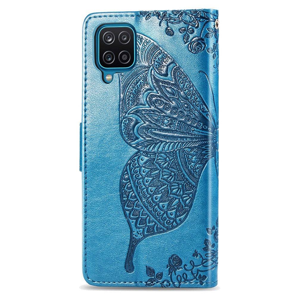 Big Butterfly Imprinting Leather Phone Shell for Samsung Galaxy M33 5G (Global Version), Full Coverage PU Leather Case with Stand Wallet + Handy Strap - Blue