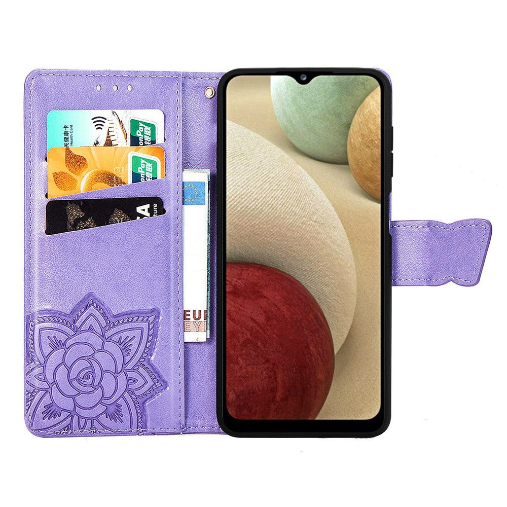 Big Butterfly Imprinting Leather Phone Shell for Samsung Galaxy M33 5G (Global Version), Full Coverage PU Leather Case with Stand Wallet + Handy Strap - Light Purple