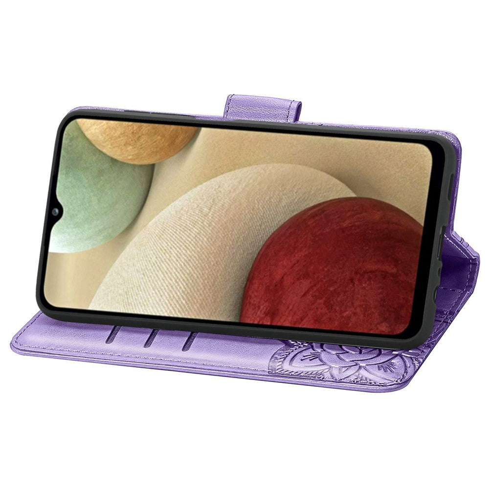 Big Butterfly Imprinting Leather Phone Shell for Samsung Galaxy M33 5G (Global Version), Full Coverage PU Leather Case with Stand Wallet + Handy Strap - Light Purple