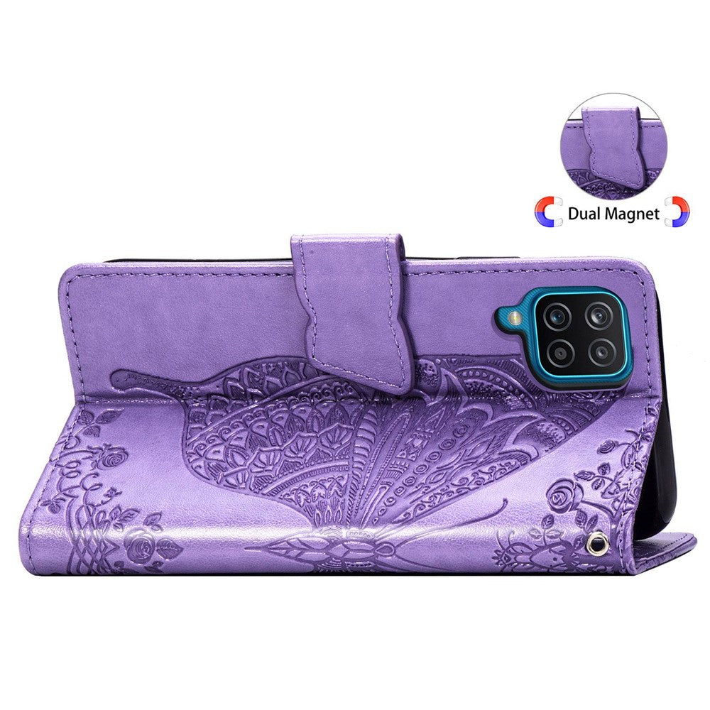 Big Butterfly Imprinting Leather Phone Shell for Samsung Galaxy M33 5G (Global Version), Full Coverage PU Leather Case with Stand Wallet + Handy Strap - Light Purple