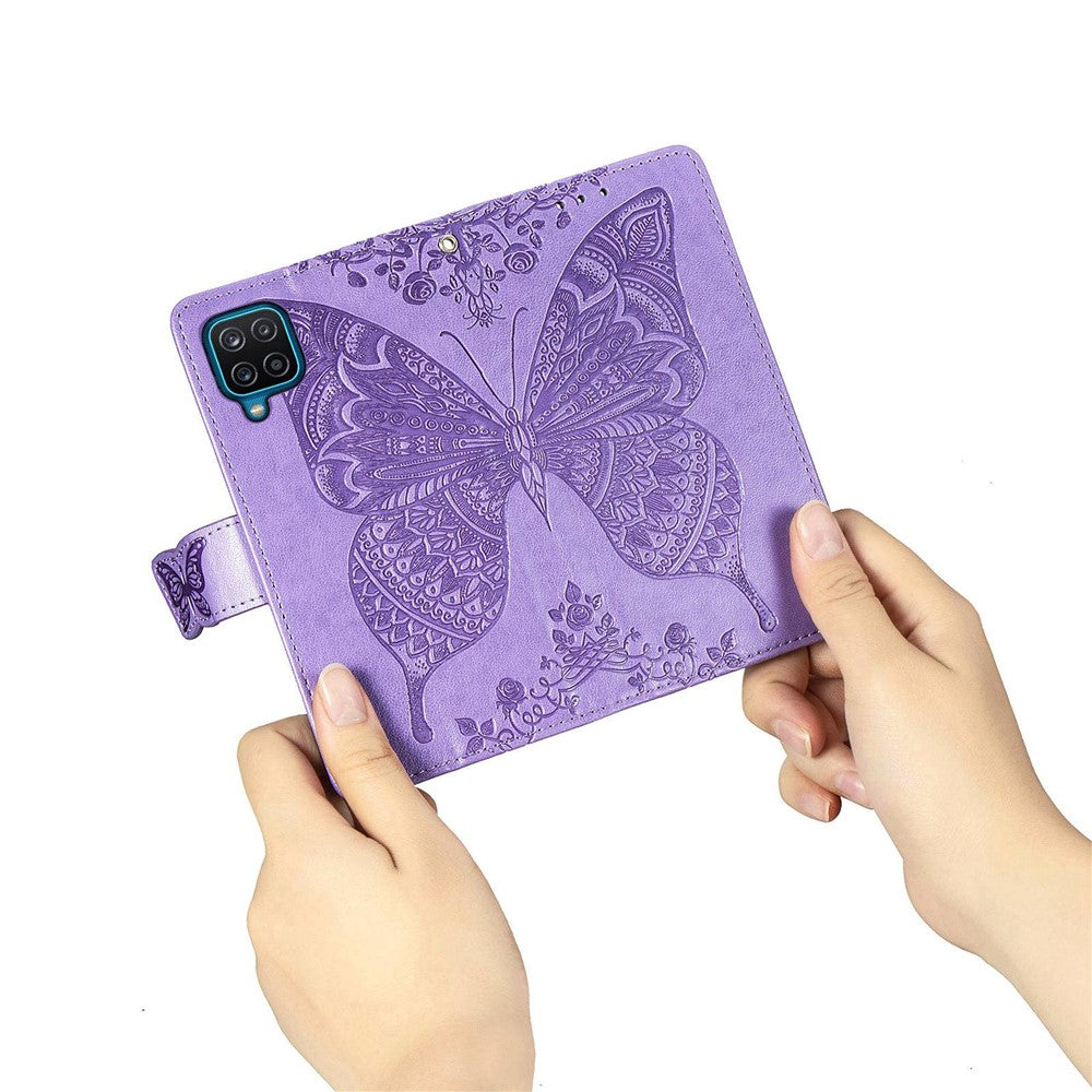 Big Butterfly Imprinting Leather Phone Shell for Samsung Galaxy M33 5G (Global Version), Full Coverage PU Leather Case with Stand Wallet + Handy Strap - Light Purple