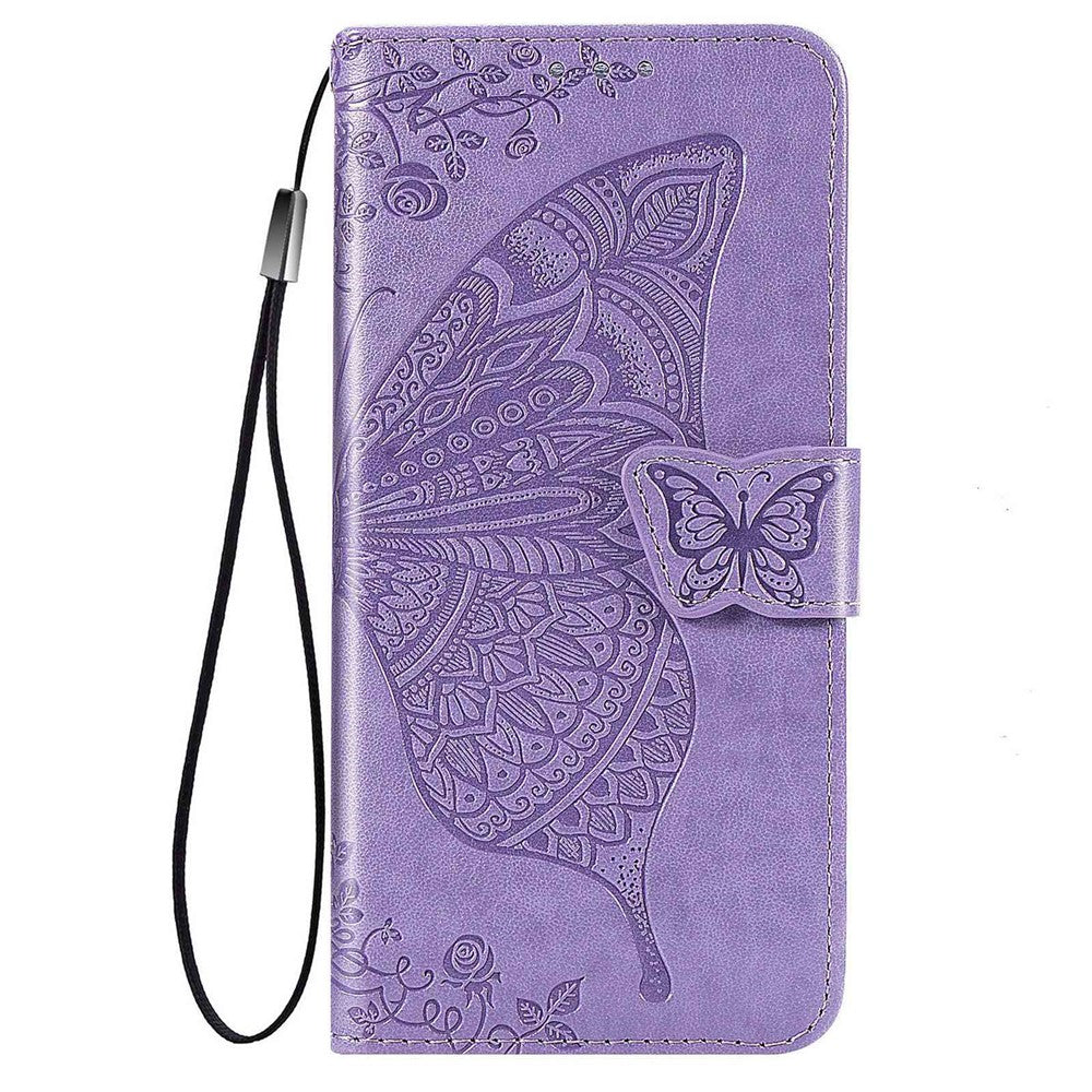 Big Butterfly Imprinting Leather Phone Shell for Samsung Galaxy M33 5G (Global Version), Full Coverage PU Leather Case with Stand Wallet + Handy Strap - Light Purple