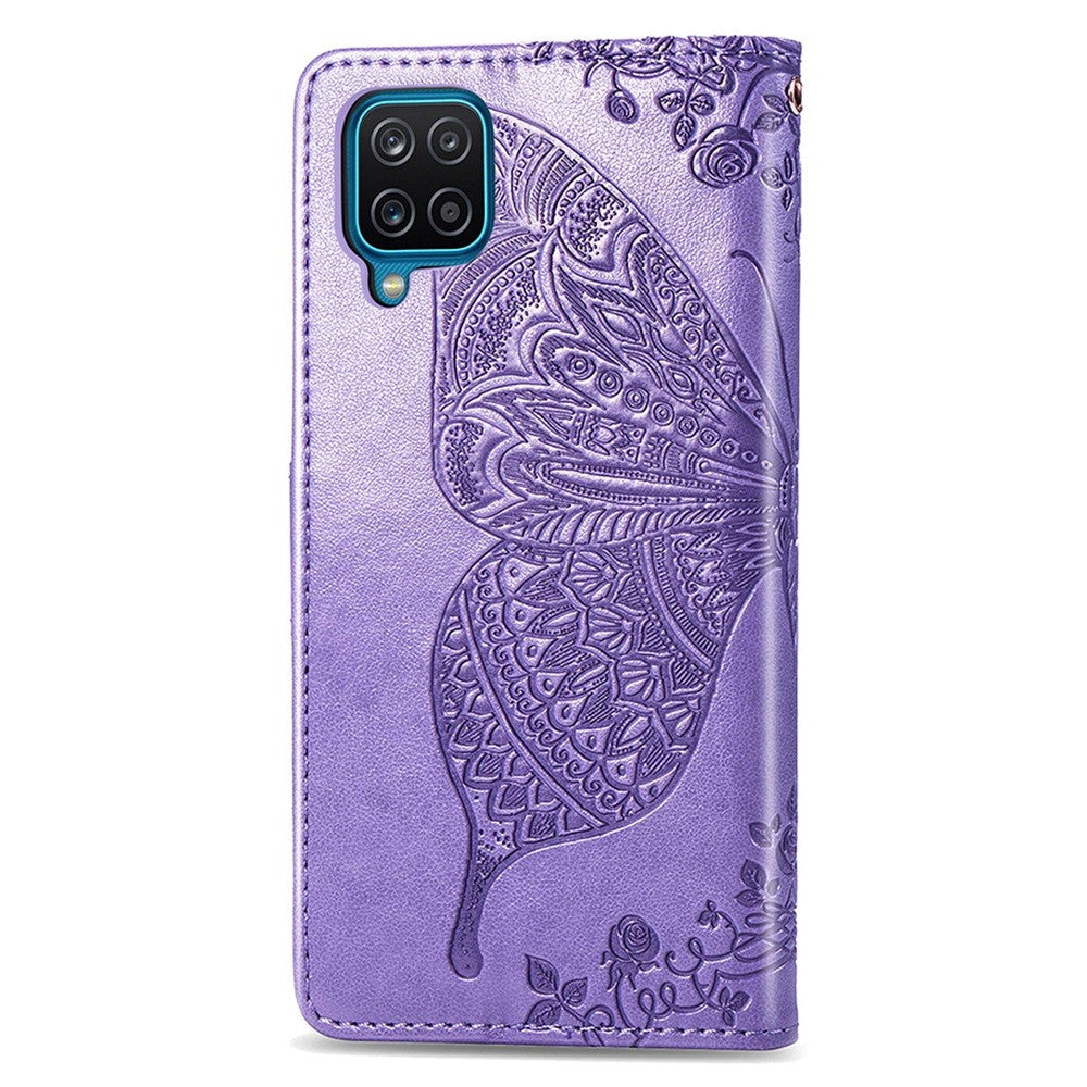Big Butterfly Imprinting Leather Phone Shell for Samsung Galaxy M33 5G (Global Version), Full Coverage PU Leather Case with Stand Wallet + Handy Strap - Light Purple