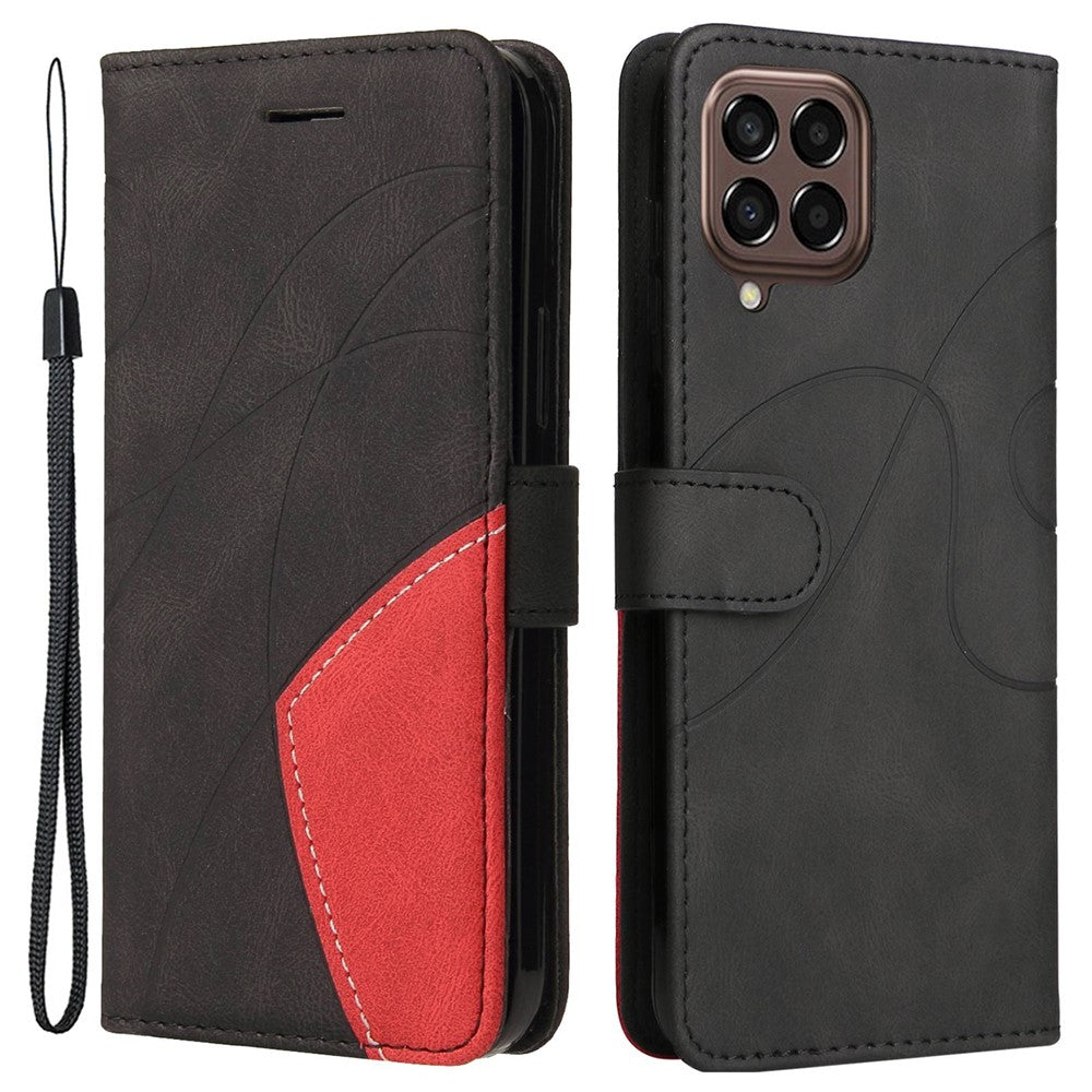 For Samsung Galaxy M33 5G (Global Version) PU Leather Wallet Phone Case Dual-color Splicing Stand Phone Shell with Strap - Black